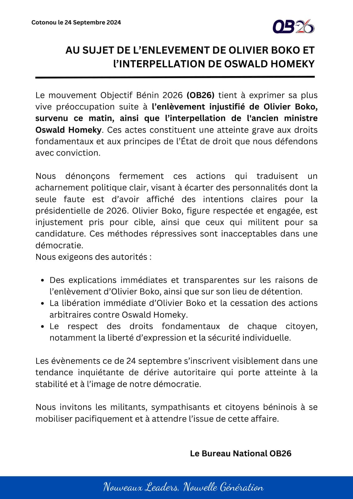 Objectif 2026 dénonce l’enlèvement d’Olivier Boko et l’interpellation d’Oswald Homeky : Appel à la libération immédiate