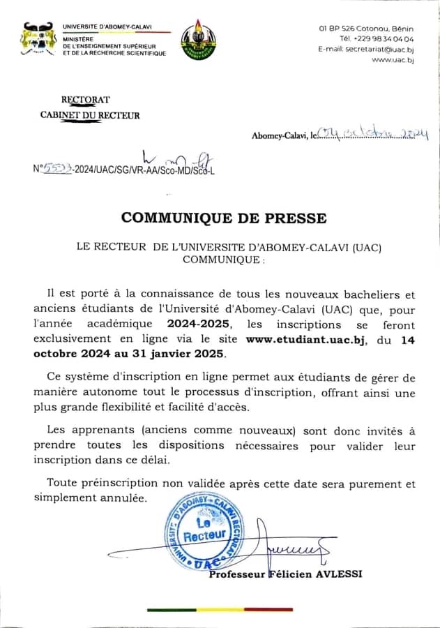 Inscriptions Exclusivement en Ligne à l’Université d’Abomey-Calavi (UAC) pour l’Année Académique 2024-2025